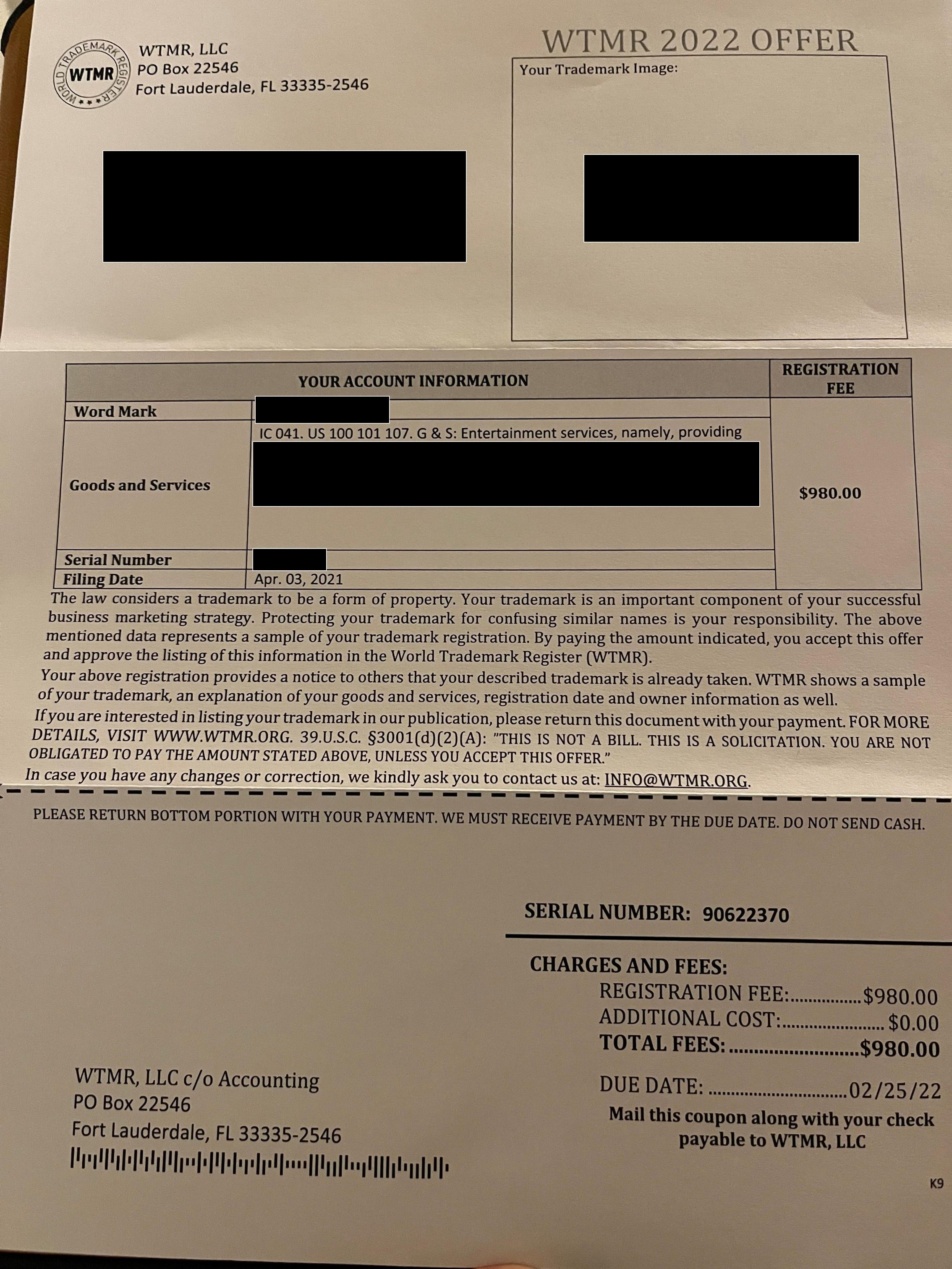 Beware of continuing trademark scam from WTMR, now with Fort Lauderdale