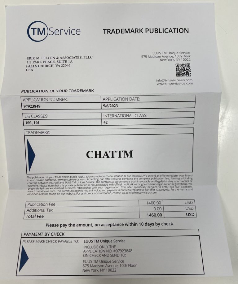 Beware of latest trademark scam from "TM Service" Erik M Pelton & Associates, PLLCErik M